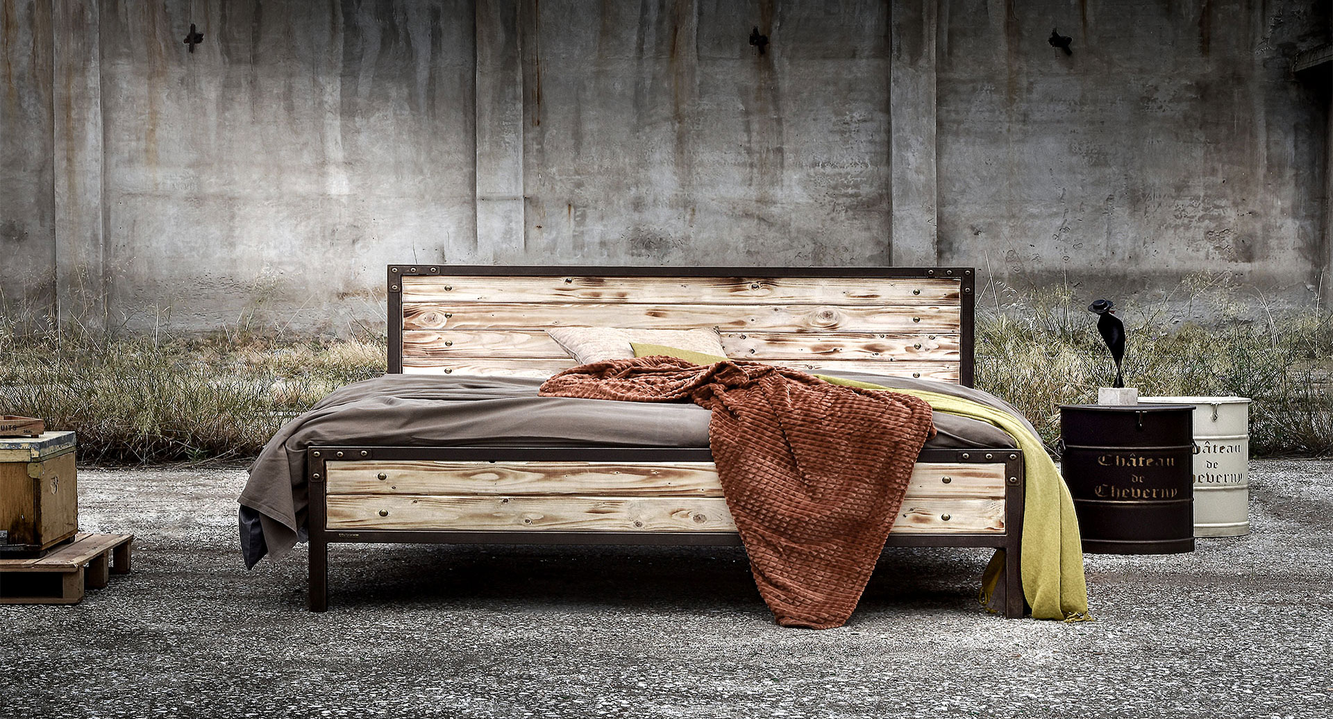 MIRTO Wood and Metal Platform Bed by Volcano Handmade Iron Bedrooms - Industrial Design, Handcrafted Elegance with Lifetime Warranty